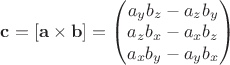 $\mathbf{c}=[\mathbf{a} \times \mathbf{b}] = 
\begin{pmatrix}
a_y b_z - a_z b_y \\
a_z b_x - a_x b_z \\
a_x b_y - a_y b_x
\end{pmatrix}
$