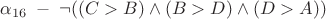 $\alpha_{16} \; - \; \neg ((C>B) \wedge (B>D) \wedge (D>A))$ $\alpha_{16} \; - \; \neg ((C>B) \wedge (B>D) \wedge (D>A))$
