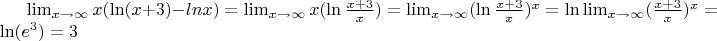 $\lim_{x\rightarrow\infty} x(\ln(x+3)-lnx)=\lim_{x\rightarrow\infty}x(\ln\frac{x+3}{x})=\lim_{x\rightarrow\infty}(\ln\frac{x+3}{x})^x=\ln\lim_{x\rightarrow\infty}(\frac{x+3}{x})^x=\ln(e^3)=3$