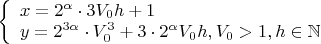 $\left\{
\begin{array}{lcl}
x=2^{\alpha}\cdot 3V_0h+1 \\
y=2^{3\alpha}\cdot V_0^3+3\cdot 2^{\alpha} V_0h,V_0>1,h\in\mathbb{N}
\end{array}\right.$