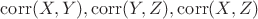 $\mathrm{corr}(X,Y), \mathrm{corr}(Y,Z), \mathrm{corr}(X,Z) $