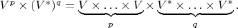 $V^p\times (V^{*})^{q}=\underbrace{V\times\ldots\times V}_{p}\times\underbrace{V^{*}\times\ldots\times V^{*}}_{q}.$