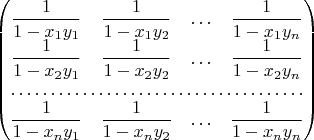 $\begin{pmatrix}\dfrac{1}{1-x_{1}y_{1}} & \dfrac{1}{1-x_{1}y_{2}} & \ldots & \dfrac{1}{1-x_{1}y_{n}}\\\dfrac{1}{1-x_{2}y_{1}} & \dfrac{1}{1-x_{2}y_{2}} & \ldots & \dfrac{1}{1-x_{2}y_{n}}\\\hdotsfor{4}\\\dfrac{1}{1-x_{n}y_{1}} & \dfrac{1}{1-x_{n}y_{2}} & \ldots & \dfrac{1}{1-x_{n}y_{n}}\end{pmatrix}$