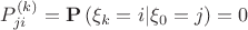 $P_{ji}^{(k)}={\bf{P}}\left( {{\xi _k} = i|{\xi _0} = j} \right) = 0$