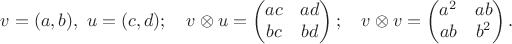 $$v=(a,b),\ u = (c,d);\quad  v\otimes u=\begin{pmatrix} ac & ad\\ bc & bd \end{pmatrix};\quad  v\otimes v=\begin{pmatrix} a^2 & ab\\ ab & b^2 \end{pmatrix}.$$