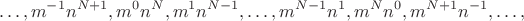 $$\ldots, m^{-1}n^{N+1}, m^0n^N, m^1n^{N-1}, \ldots, m^{N-1}n^1, m^Nn^0, m^{N+1}n^{-1}, \ldots,$$