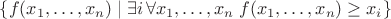 $\{f(x_1,\ldots,x_n)\mid\exists i\,\forall x_1,\ldots,x_n\;f(x_1,\ldots,x_n)\ge x_i\}$