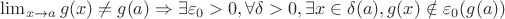 $\lim_{x \to a} g(x) \ne g(a) \Rightarrow \exists \varepsilon_0 > 0, \forall \delta >0, \exists x \in \delta(a), g(x) \notin \varepsilon_0(g(a))$