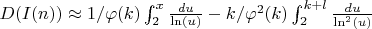$D(I(n)) \approx 1/\varphi(k) \int_{2}^{x} \frac {du}{\ln(u)}-k/\varphi^2(k) \int_{2}^{k+l} \frac {du}{\ln^2(u)}$
