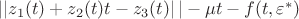 $\left|| z_1(t) + z_2(t) t - z_3(t)  \right|| - \mu t - f(t, \varepsilon^*) $