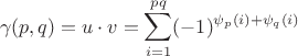 $$
\gamma(p,q) = u \cdot v = \sum_{i=1}^{pq} (-1)^{\psi_p(i)+\psi_q(i)}
$$ $$
\gamma(p,q) = u \cdot v = \sum_{i=1}^{pq} (-1)^{\psi_p(i)+\psi_q(i)}
$$
