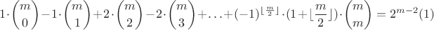 $$1\cdot\binom{m}{0}-1\cdot\binom{m}{1}+2\cdot\binom{m}{2}-2\cdot\binom{m}{3}+\ldots+(-1)^{\lfloor\frac{m}{2}\rfloor}\cdot (1+\lfloor \frac{m}{2}\rfloor)\cdot\binom{m}{m}=2^{m-2} (1)$$