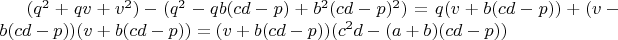 $(q^2+qv+v^2)-(q^2-qb(cd-p)+b^2(cd-p)^2)=q(v+b(cd-p))+(v-b(cd-p))(v+b(cd-p))=(v+b(cd-p))(c^2d-(a+b)(cd-p))$