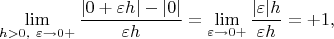 $$\lim_{h>0,\ \varepsilon \rightarrow 0+}\frac{|0+\varepsilon h|-|0|}{\varepsilon h}=\lim_{\varepsilon \rightarrow 0+}\frac{|\varepsilon |h}{\varepsilon h}=+1,$$