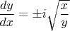 $$\frac{dy}{dx}=\pm i\sqrt{\frac{x}{y}}$$