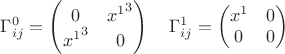 $ \Gamma^0_{ij}=\begin{pmatrix} 0 & {x^1}^3 \\ {x^1}^3 & 0 \end{pmatrix} \quad \Gamma^1_{ij}=\begin{pmatrix} x^1 &0 \\ 0 & 0 \end{pmatrix} $