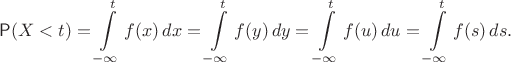 $$\mathsf P(X < t) = \int\limits_{-\infty}^t f(x)\,dx = \int\limits_{-\infty}^t f(y)\,dy = \int\limits_{-\infty}^t f(u)\,du = \int\limits_{-\infty}^t f(s)\,ds.$$