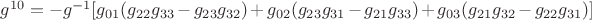 ${g^{10}} = {{-g}^{-1}}[{g_{01}}({g_{22}}{g_{33}} - {g_{23}}{g_{32}}) + {g_{02}}({g_{23}}{g_{31}} - {g_{21}}{g_{33}}) + {g_{03}}({g_{21}}{g_{32}} - {g_{22}}{g_{31}})]$