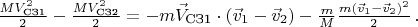 $\frac{MV_{\text{СЗ1}}^2}{2} -\frac{MV_{\text{СЗ2}}^2}{2}=-m\vec{V}_{\text{СЗ1}} \cdot (\vec{v}_1-\vec{v}_2)-\frac{m}{M} \frac{m(\vec{v}_1-\vec{v}_2)^2}{2} \, .$