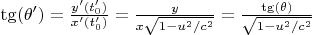 $\tg(\theta') = \tfrac{y'(t'_0)}{x'(t'_0)} = \tfrac{y}{x\sqrt{1-u^2/c^2}} = \tfrac{\tg(\theta)}{\sqrt{1-u^2/c^2}}$