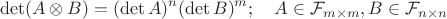 $$ \operatorname{det} (A \otimes B) =  (\operatorname{det}A)^n (\operatorname{det}B)^m; \quad A \in \mathcal{F}_{m\times m}, B \in \mathcal{F}_{n\times n}$$