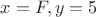 $x=F, y=5$