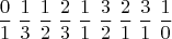 $$\frac 01\;\frac 13\;\frac 12\;\frac 23\;\frac 11\;\frac 32\;\frac 21\;\frac 31\;\frac 10$$