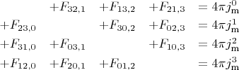 $\begin{array}{lllll}&+F_{32,1}&+F_{13,2}&+F_{21,3}&=4\pi j_\text{m}^0\\[0.7ex] +F_{23,0}&&+F_{30,2}&+F_{02,3}&=4\pi j_\text{m}^1\\[0.7ex]+F_{31,0}&+F_{03,1}&&+F_{10,3}&=4\pi j_\text{m}^2\\[0.7ex]+F_{12,0}&+F_{20,1}&+F_{01,2}&&=4\pi j_\text{m}^3\end{array}$