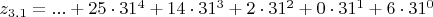 $z_{3.1}=...+25\cdot 31^{4}+14\cdot 31^{3}+2\cdot 31^{2}+0\cdot 31^{1}+6\cdot 31^{0}$