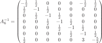 $A_6^{-1}=\begin{pmatrix}-\frac 12&\frac 12&0&0&0&-\frac 12&\frac 12\\ \frac 12&-1&\frac 12&0&0&0&0\\ 0&\frac 12&-1&\frac 12&0&0&0\\ 0&0&\frac 12&-1&\frac 12&0&0\\ 0&0&0&\frac 12&-1&\frac 12&0\\ 0&0&0&0&\frac 12&-1&\frac 12\\ \frac 12&0&0&0&0&3&-\frac 52\end{pmatrix}$
