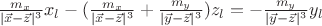 $\frac{m_x}{|\vec x-\vec z|^3} x_l-(\frac{m_x}{|\vec x-\vec z|^3}+\frac{m_y}{|\vec y-\vec z|^3}) z_l=-\frac{m_y}{|\vec y-\vec z|^3} y_l$