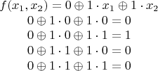 $$
\begin{array}{c}
f(x_1, x_2) = 0 \oplus 1 \cdot x_1 \oplus 1 \cdot x_2\\
0 \oplus 1 \cdot 0 \oplus 1 \cdot 0 = 0 \\
0 \oplus 1 \cdot 0 \oplus 1 \cdot 1 = 1 \\
0 \oplus 1 \cdot 1 \oplus 1 \cdot 0 = 0 \\
0 \oplus 1 \cdot 1 \oplus 1 \cdot 1 = 0 \\
\end{array} $$