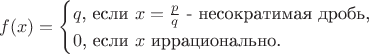 $$f(x)=\begin{cases}q\text{, если $x=\frac pq$ - несократимая дробь,}\\ 0\text{, если $x$ иррационально.}\end{cases}$$