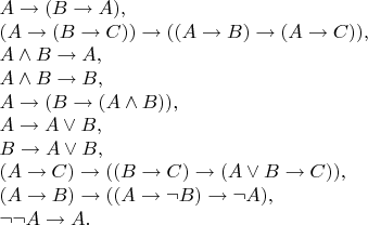 $$\begin{array}{l} A \to (B\to A), \\
(A \to (B \to C)) \to ((A \to B) \to (A \to C)), \\ A \wedge B \to A, \\ A \wedge B \to B, \\ A \to (B \to (A \wedge B)), \\ A \to A \vee B, \\ B \to A \vee B, \\ (A \to C) \to ((B \to C) \to (A \vee B \to C)), \\ (A \to B) \to ((A \to \neg B) \to \neg A), \\ \neg\neg A \to A. \end{array}$$