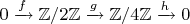$0 \xrightarrow{f}\mathbb{Z}/2\mathbb{Z}\xrightarrow{g}\mathbb{Z}/4\mathbb{Z} \xrightarrow{h}0$