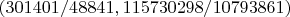 $(301401/48841, 115730298/10793861)$
