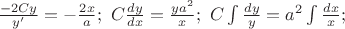 $\frac{-2Cy}{y'}=-\frac{2x}{a};\  C\frac{dy}{dx}=\frac{ya^2}{x};\
C\int \frac{dy}{y}=a^2\int \frac{dx}{x};$