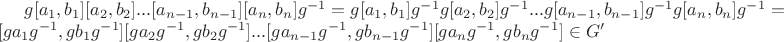 $g[a_1,b_1][a_2,b_2]...[a_{n-1},b_{n-1}][a_{n},b_{n}]g^{-1}=
g[a_1,b_1]g^{-1}g[a_2,b_2]g^{-1}...g[a_{n-1},b_{n-1}]g^{-1}g[a_{n},b_{n}]g^{-1}=[ga_1g^{-1},gb_1g^{-1}][ga_2g^{-1},gb_2g^{-1}]...[ga_{n-1}g^{-1},gb_{n-1}g^{-1}][ga_{n}g^{-1},gb_{n}g^{-1}] \in G'
$