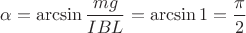 $\alpha = \arcsin \dfrac{mg}{IBL}= \arcsin 1 =\dfrac{\pi}{2}$