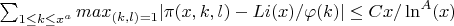 $\sum_{1 \leq k \leq x^a} {max_{(k,l)=1}|\pi(x,k,l)-Li(x)/\varphi(k)| \leq C x/\ln^A(x)$