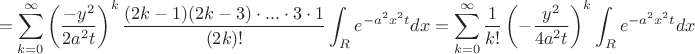 $$=  \sum_{k=0}^\infty \left(\frac{-y^2}{2a^2t}\right)^k \frac{(2k-1)(2k-3)\cdot...\cdot 3\cdot 1}{(2k)!} \int_R e^{-a^2x^2t}dx 
=  \sum_{k=0}^\infty \frac{1}{k!}\left(-\frac{y^2}{4a^2t}\right)^k\int_R e^{-a^2x^2t}dx$$