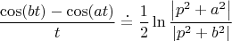 \[
\[
\frac{{\cos (bt) - \cos (at)}}
{t} \doteq \frac{1}
{2}\ln \frac{{\left| {p^2  + a^2 } \right|}}
{{\left| {p^2  + b^2 } \right|}}
\]
