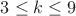 $3\le k\le9$