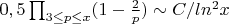 $0,5 \prod_{3 \leq p\leq x}(1-\frac {2} {p}) \sim C/ln^2 x$