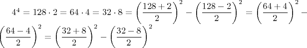 $4^4=128\cdot 2= 64\cdot 4=32\cdot 8=\left(\dfrac{128+2}{2}\right)^2-\left(\dfrac{128-2}{2}\right)^2=\left(\dfrac{64+4}{2}\right)^2-\left(\dfrac{64-4}{2}\right)^2=\left(\dfrac{32+8}{2}\right)^2-\left(\dfrac{32-8}{2}\right)^2$