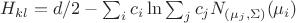 $H_{kl} = d/2 - \sum_{i} c_{i} \ln \sum_{j} c_j N_{(\mu_j, \Sigma)}(\mu_i)$