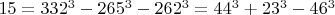 $15=332^3-265^3-262^3=44^3+23^3-46^3$