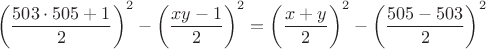 $${\left(\dfrac{503 \cdot505+1}{2}\right)^2-\left(\dfrac{xy-1}{2}\right)^2=\left(\dfrac{x+y}{2}\right)^2-\left(\dfrac{505-503}{2}\right)^2$$