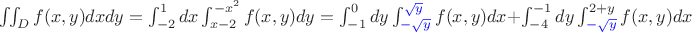 $\iint_D f(x,y)dxdy=\int_{-2}^1dx\int_{x-2}^{-x^2}f(x,y)dy=\int_{-1}^0dy\int_{{\color{blue}-\sqrt{y}}}^{{\color{blue}\sqrt{y}}}f(x,y)dx+\int_{-4}^{-1}dy\int_{{\color{blue}-\sqrt{y}}}^{2+y}f(x,y)dx$
