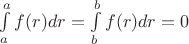 $\int \limits_a^a f(r)dr = \int \limits_b^b f(r)dr = 0$